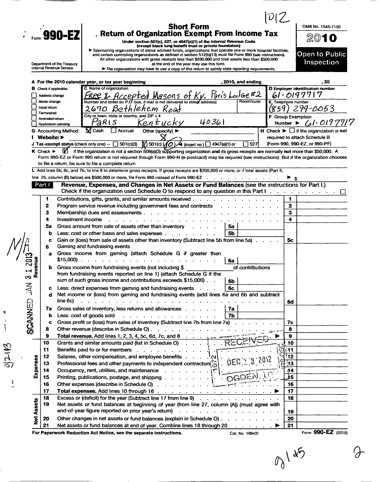 Image of first page of 2010 Form 990EO for Free and Accepted Masons of Kentucky - 2 Paris F and A M