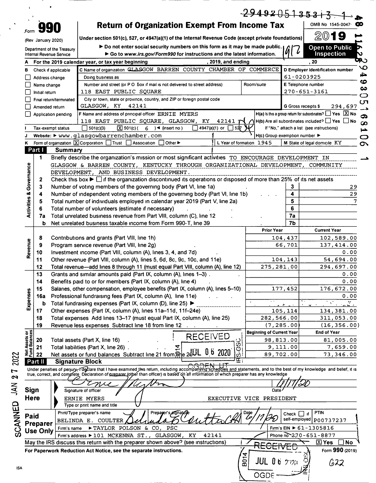 Image of first page of 2019 Form 990O for Barren the Barren County Chamb