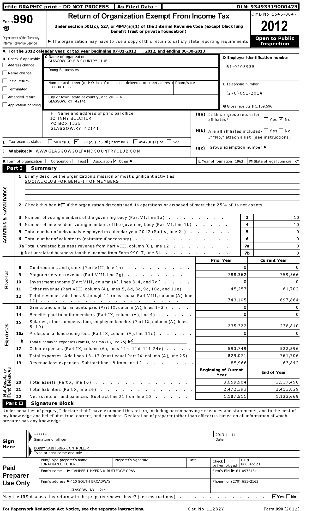 Image of first page of 2012 Form 990O for Glasgow Golf and Country Club