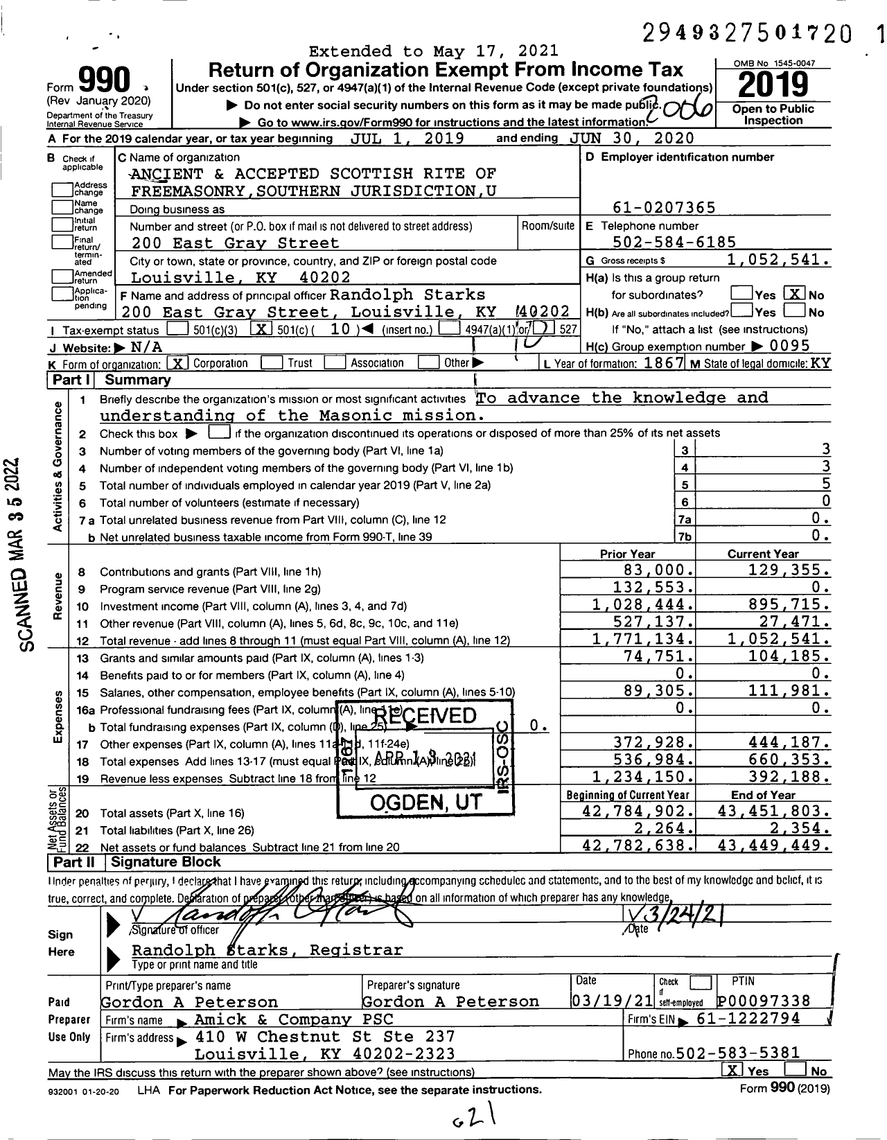 Image of first page of 2019 Form 990O for Scottish Rite of Freemasonry Southern Jurisdiction - Valley of Louisville & Coord Bodies