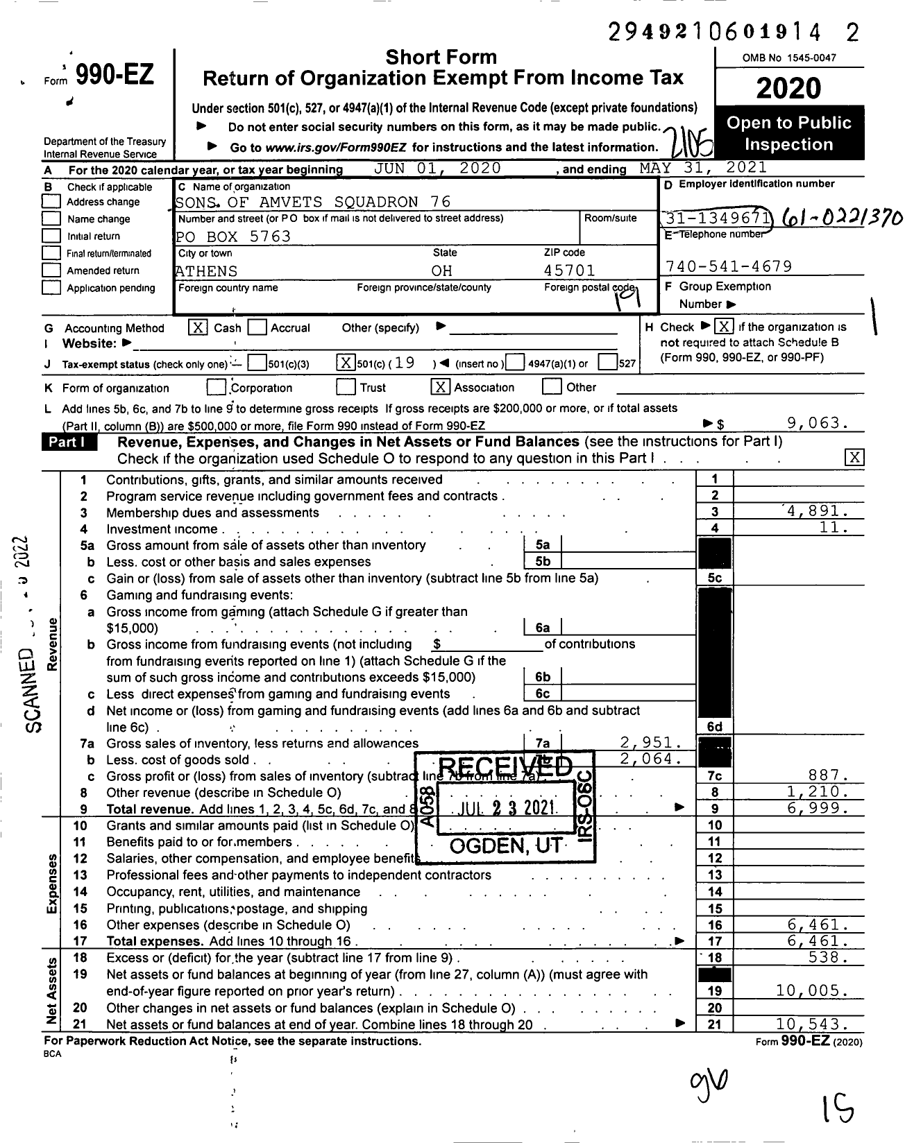 Image of first page of 2020 Form 990EO for Amvets - Athens Amvets Memorial Post 76