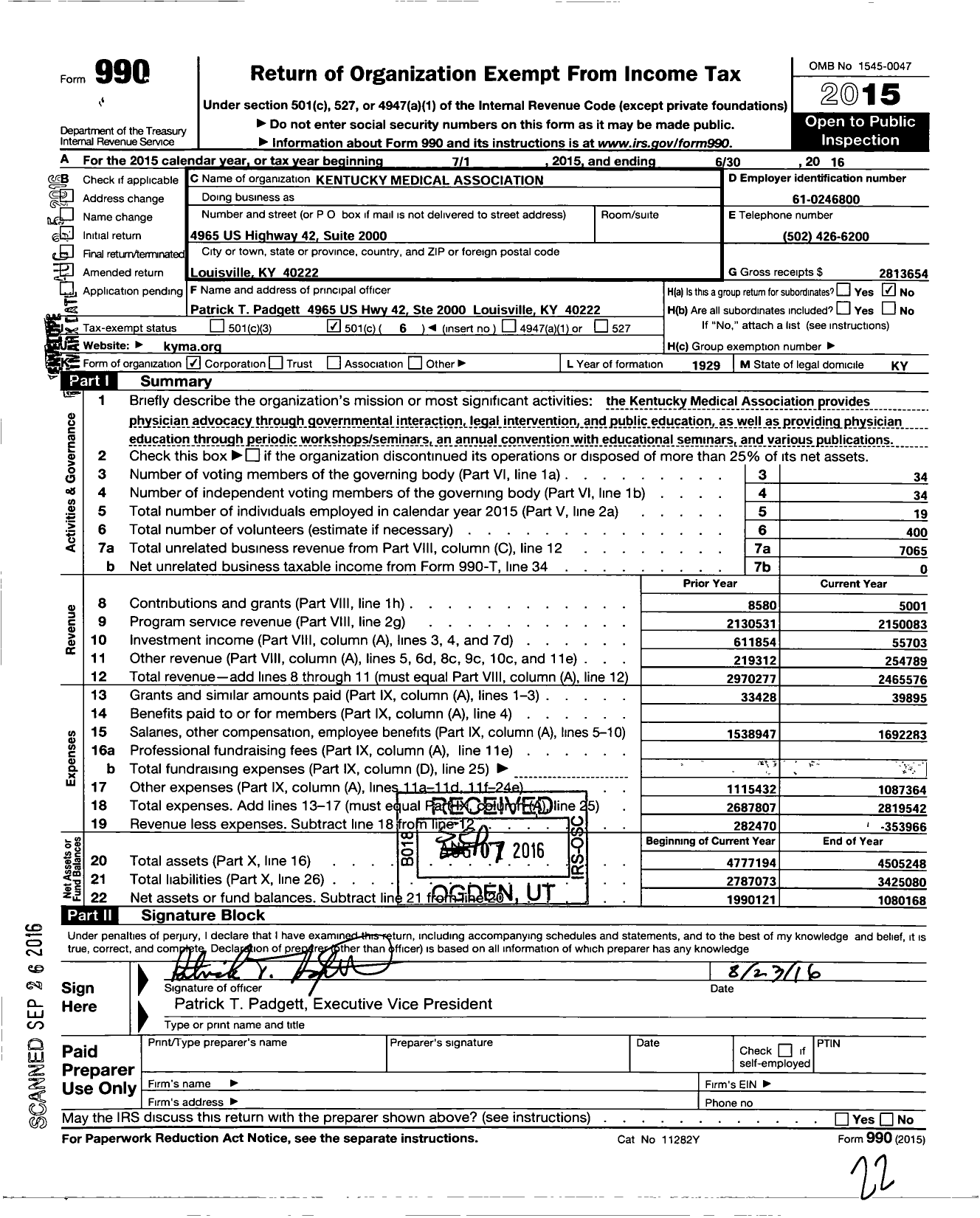 Image of first page of 2015 Form 990O for Kentucky Medical Association