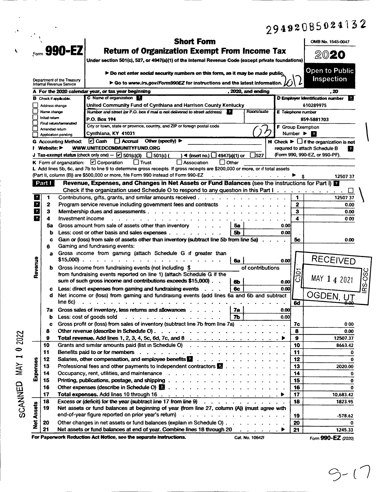 Image of first page of 2020 Form 990EZ for United Community Fund of Cynthiana and Harrison County Kentucky