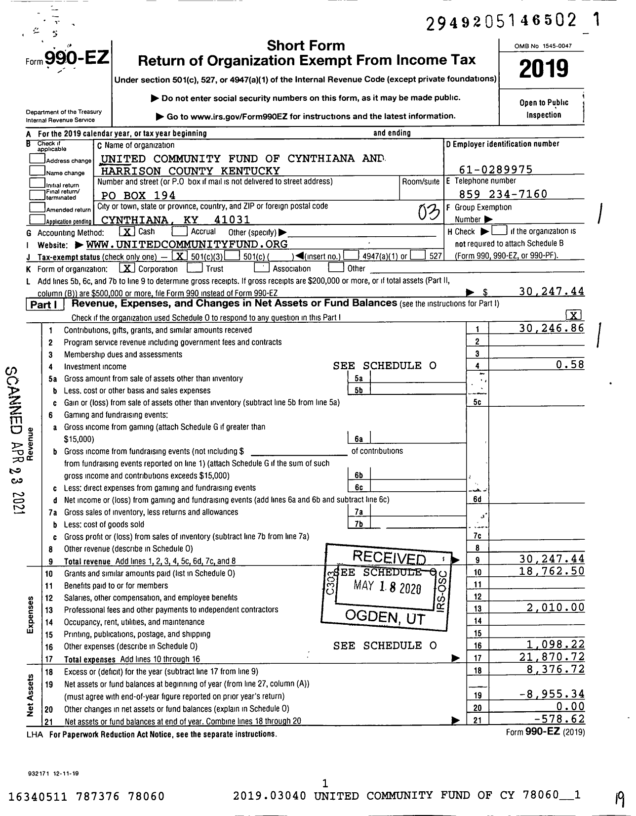 Image of first page of 2019 Form 990EZ for United Community Fund of Cynthiana and Harrison County Kentucky