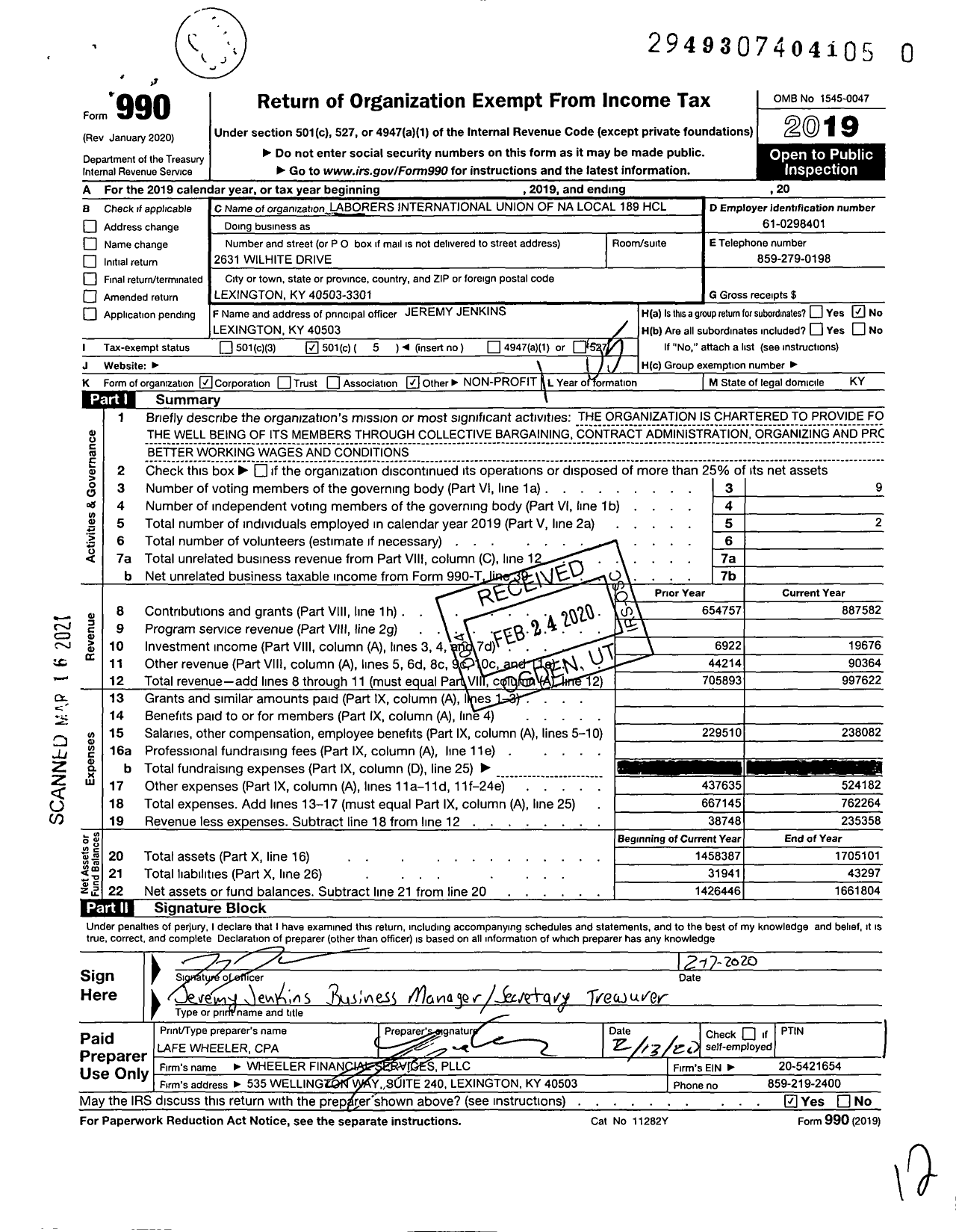 Image of first page of 2019 Form 990O for Laborers' International Union of North America - 189 HCL