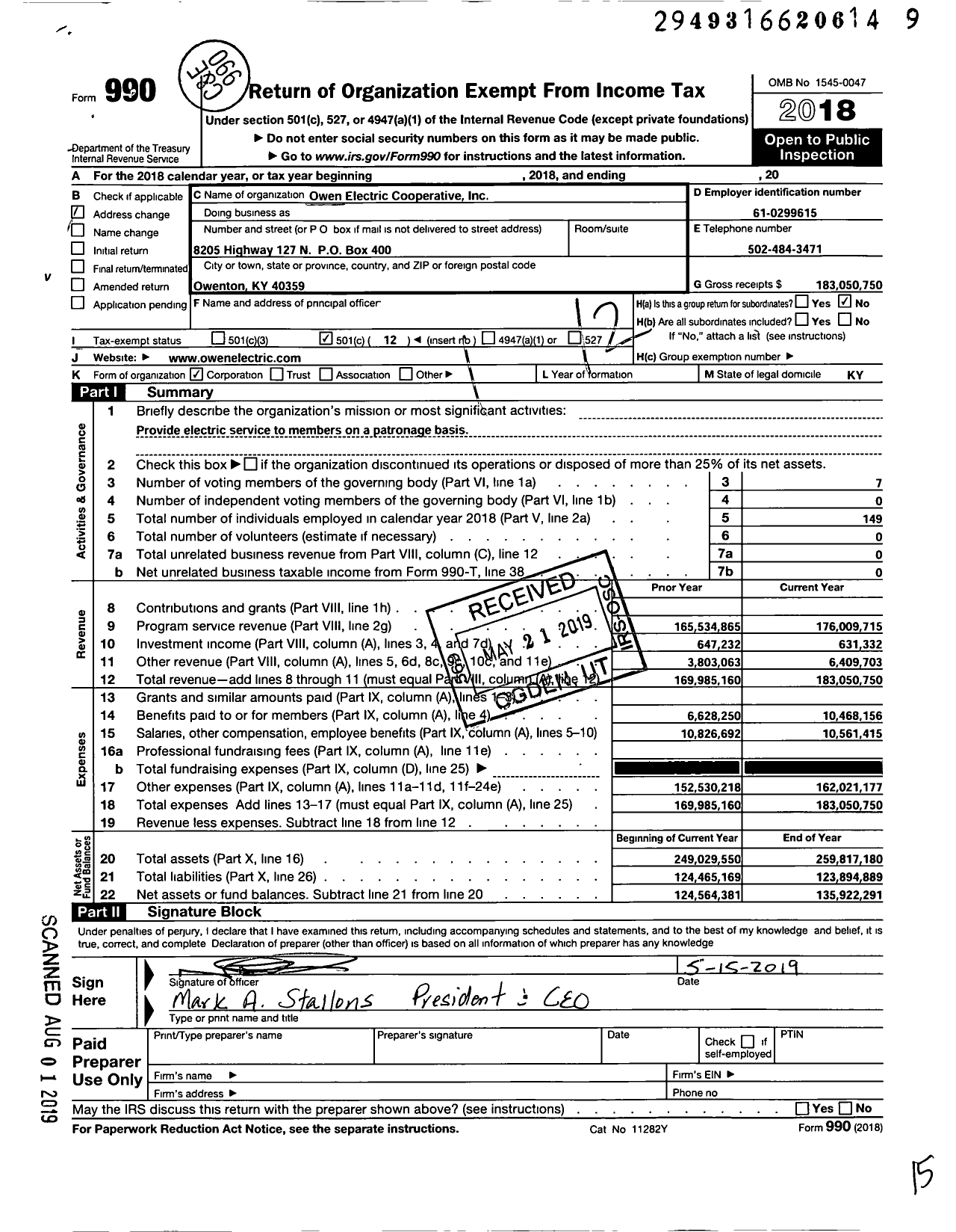Image of first page of 2018 Form 990O for Owen Electric Cooperative