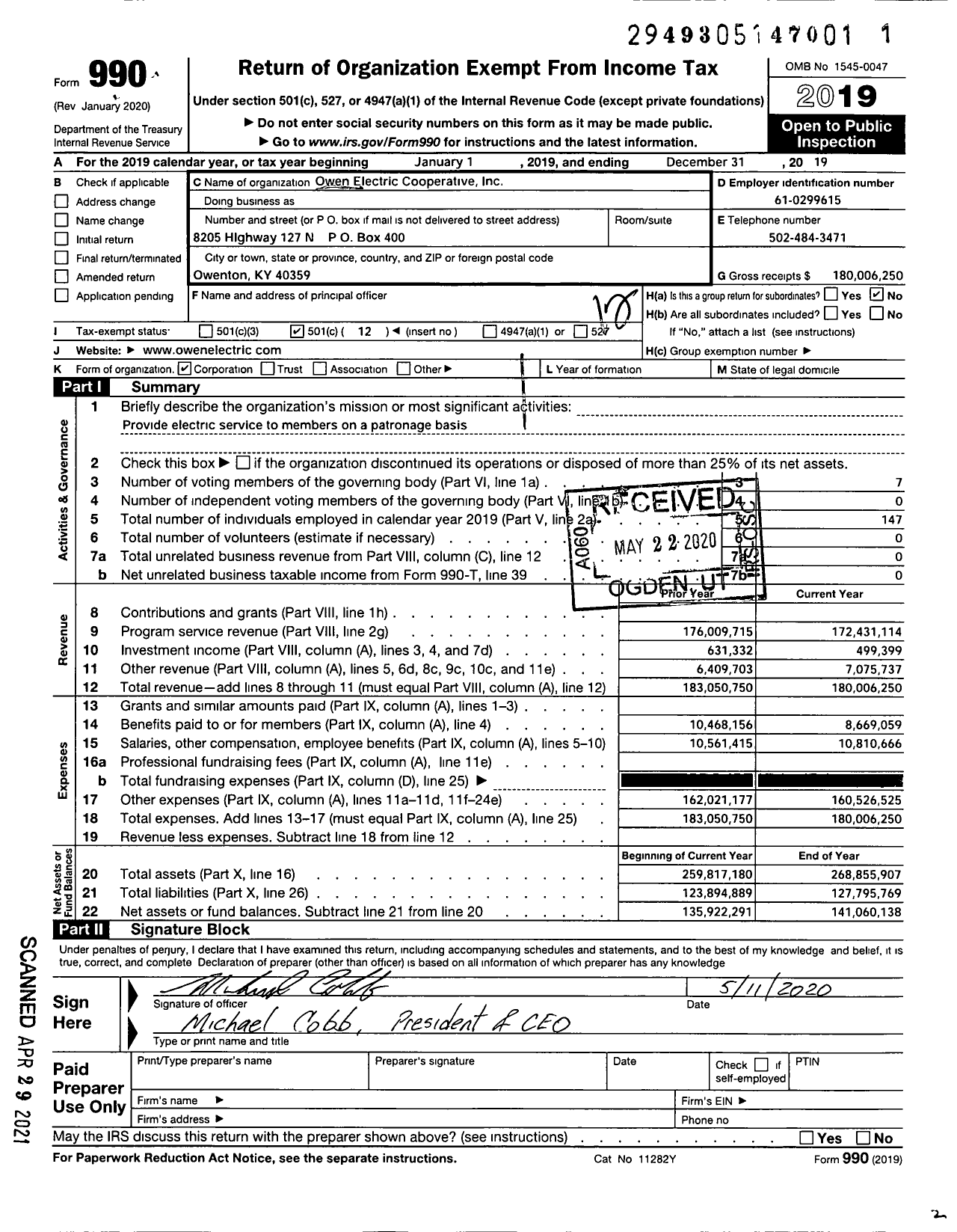 Image of first page of 2019 Form 990O for Owen Electric Cooperative