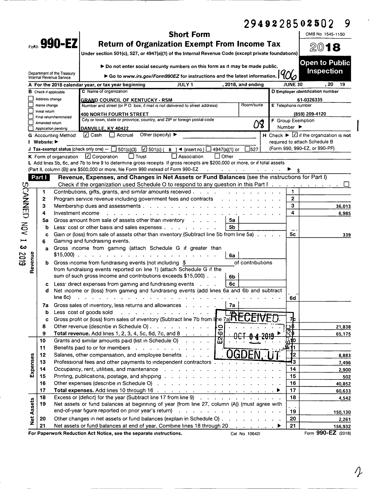 Image of first page of 2018 Form 990EO for Grand Council of Kentucky Royal and Select Masters