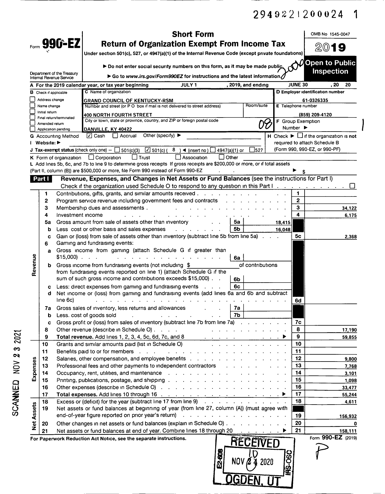 Image of first page of 2019 Form 990EO for Grand Council of Kentucky Royal and Select Masters