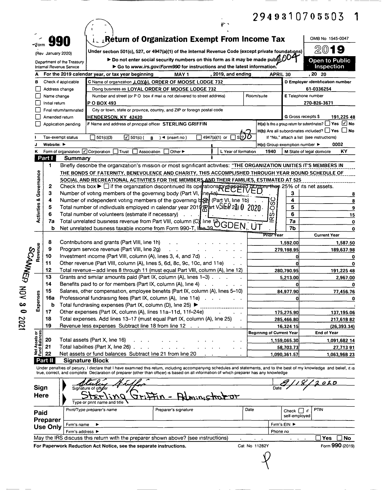 Image of first page of 2019 Form 990O for Loyal Order of Moose - 732