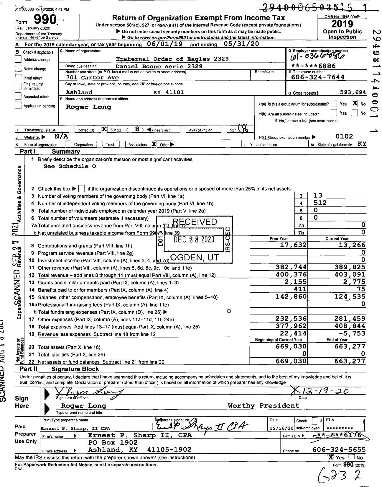 Image of first page of 2019 Form 990O for Fraternal Order of Eagles - 2329 Aerie