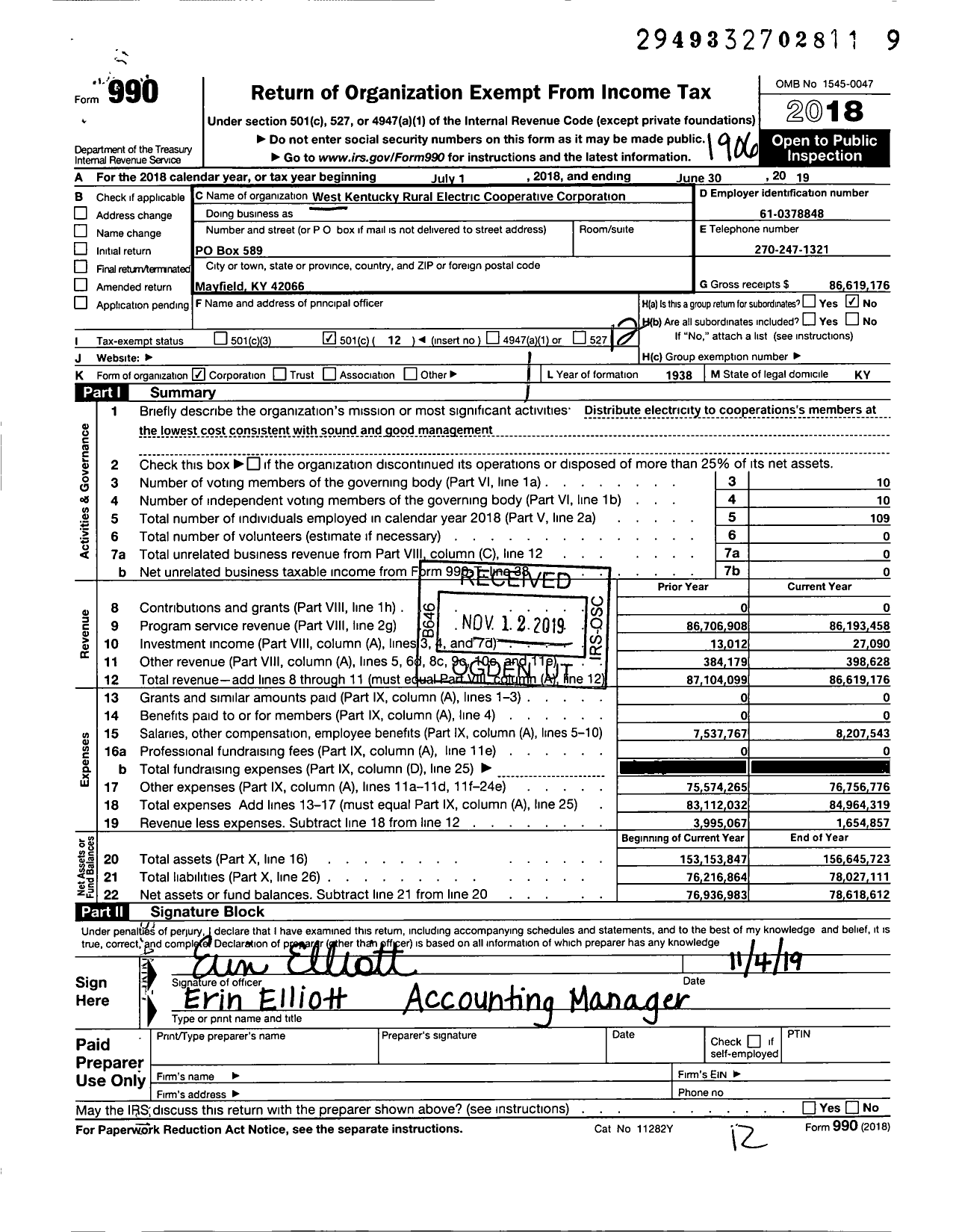 Image of first page of 2018 Form 990O for West Kentucky Rural Electric Cooperative Corporation