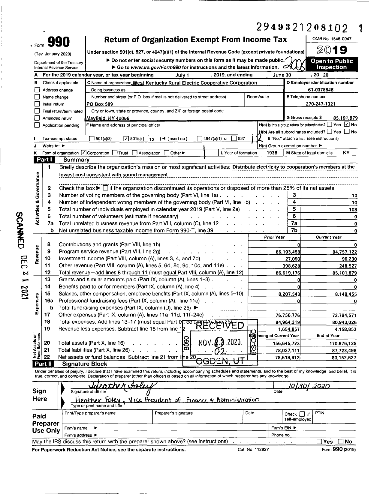 Image of first page of 2019 Form 990O for West Kentucky Rural Electric Cooperative Corporation