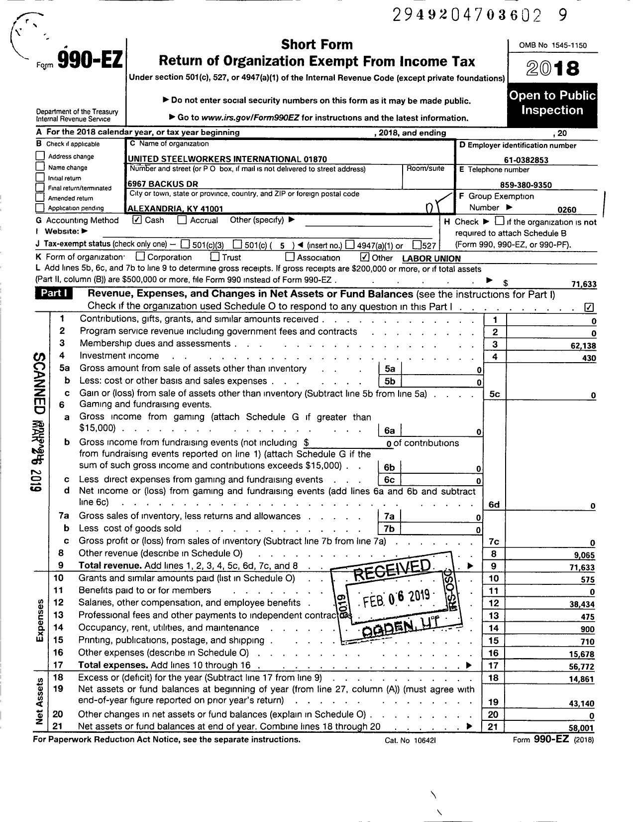 Image of first page of 2018 Form 990EO for United Steelworkers - 01870 Local