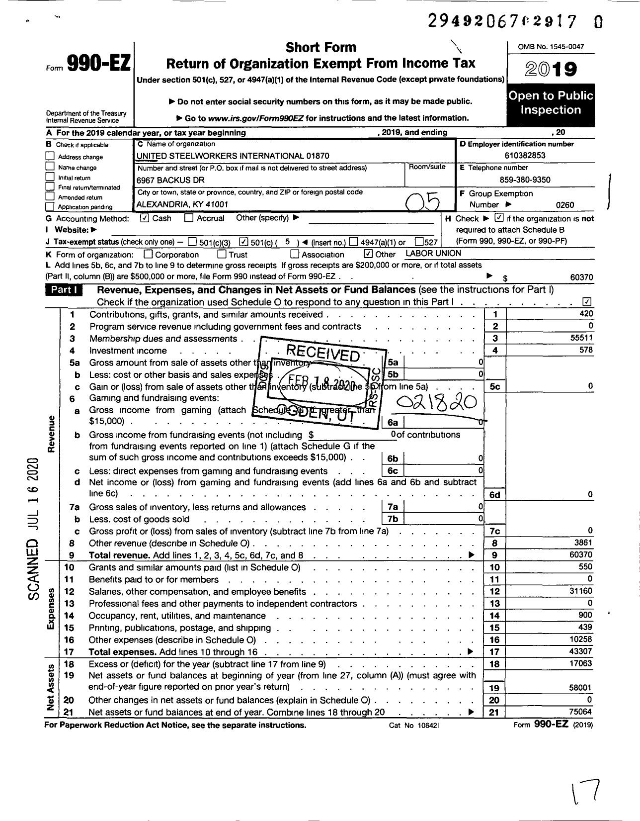 Image of first page of 2019 Form 990EO for United Steelworkers - 01870 Local