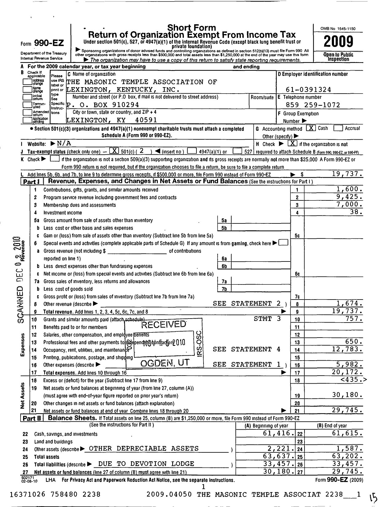 Image of first page of 2009 Form 990EO for Masonic Temple Association of Lexington Kentucky