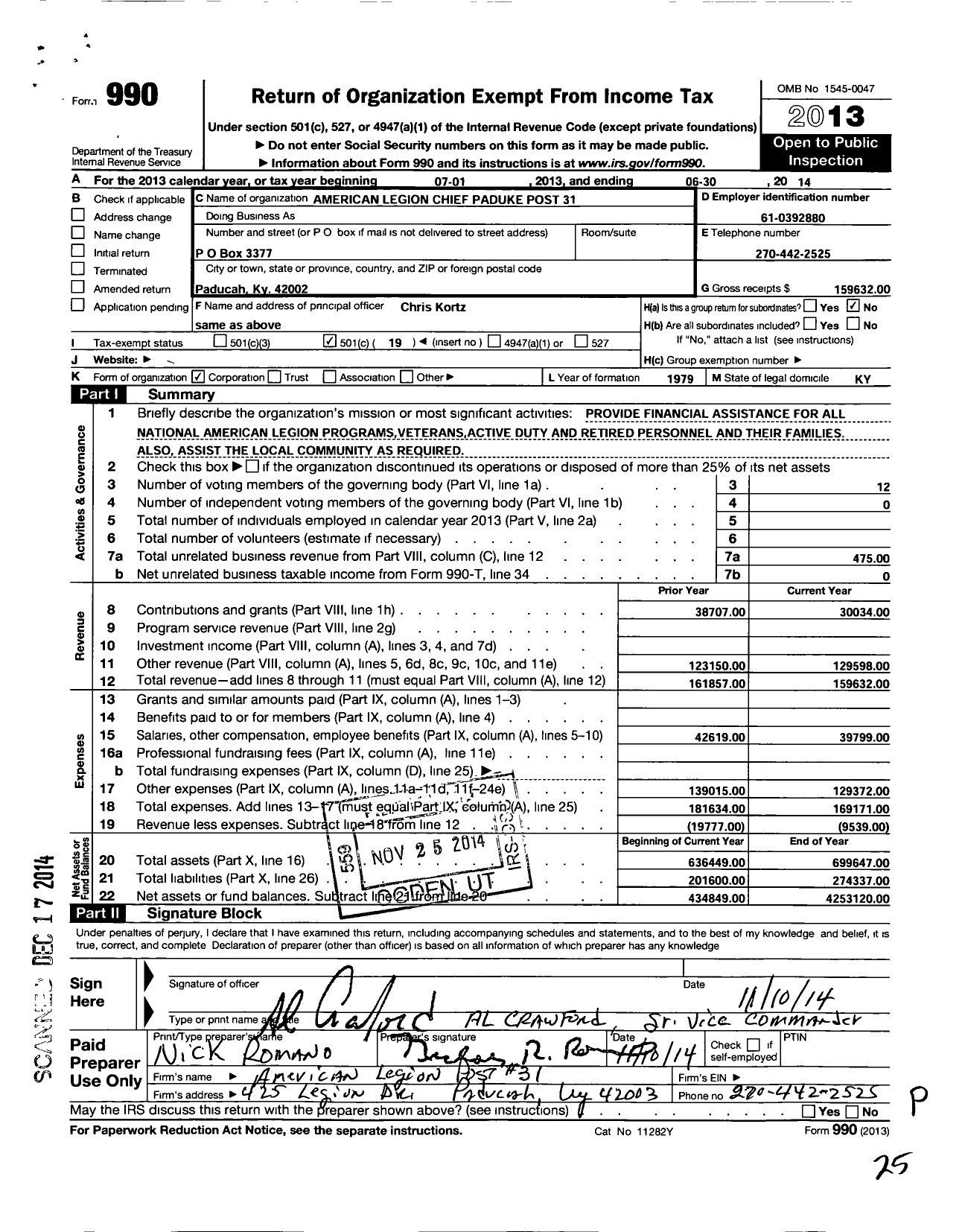 Image of first page of 2013 Form 990O for American Legion - 31 Chief Paduke Post