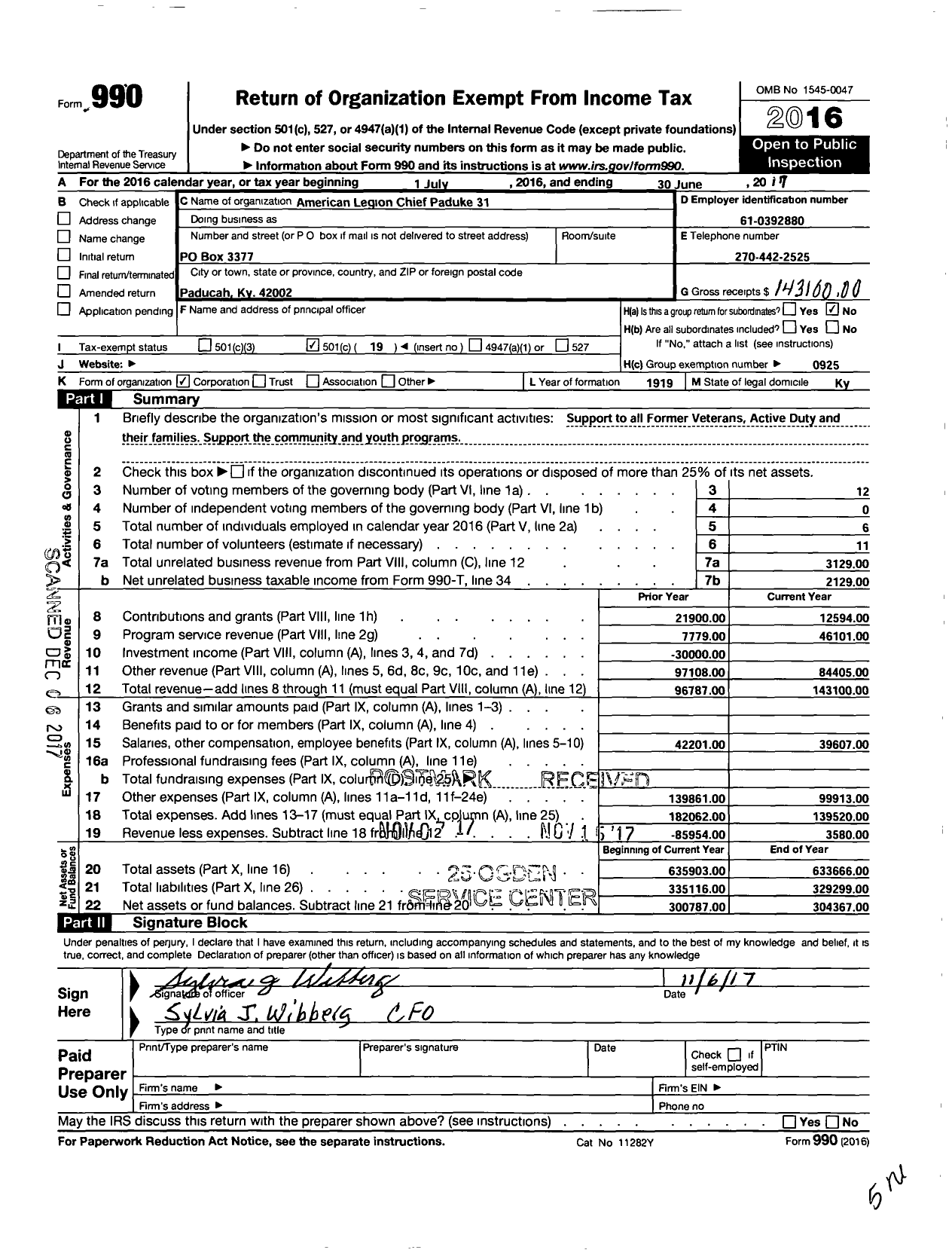 Image of first page of 2016 Form 990O for American Legion - 31 Chief Paduke Post