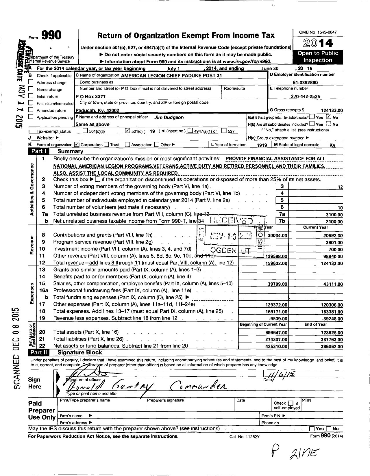 Image of first page of 2014 Form 990O for American Legion - 31 Chief Paduke Post