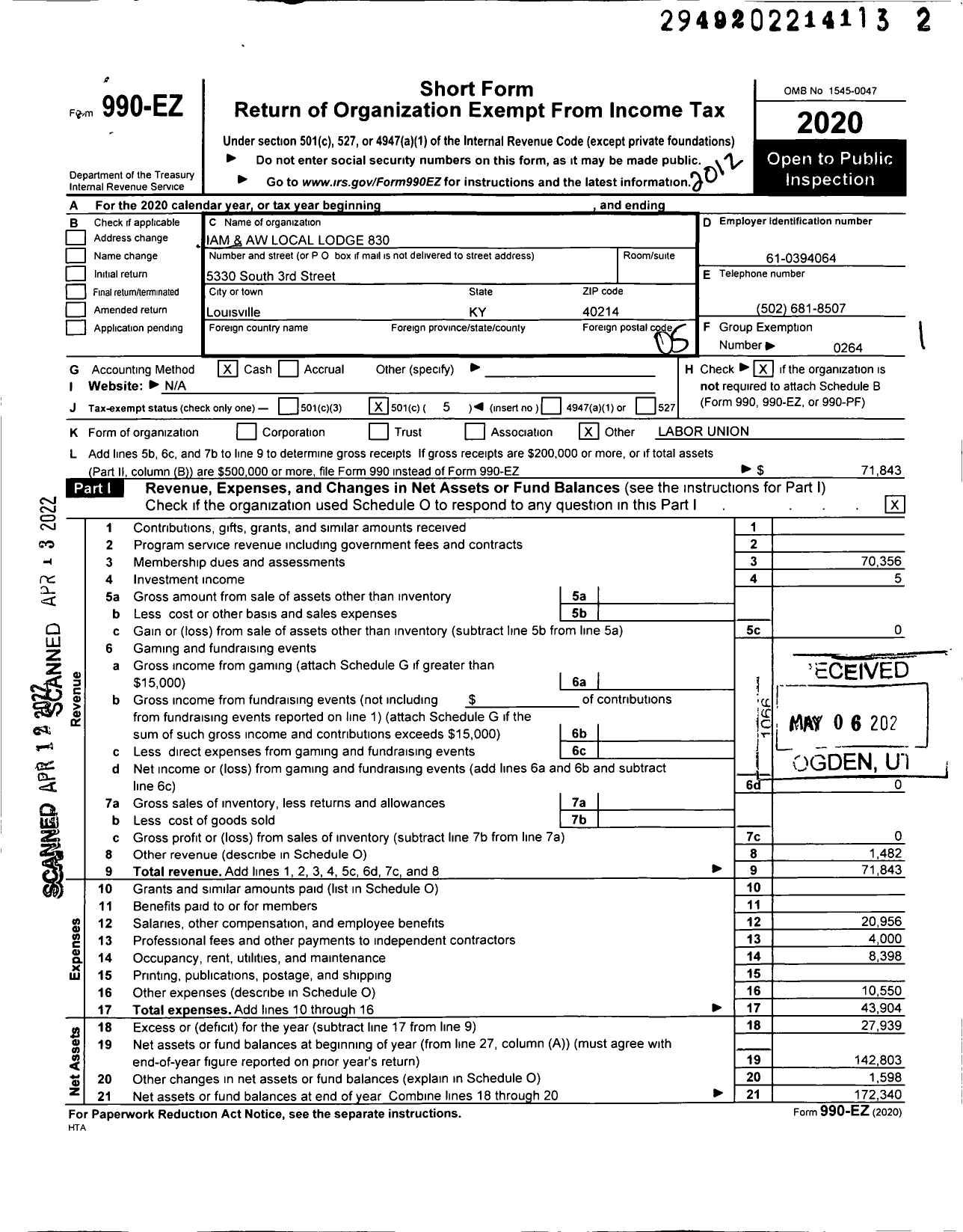 Image of first page of 2020 Form 990EO for International Association of Machinists and Aerospace Workers - 830