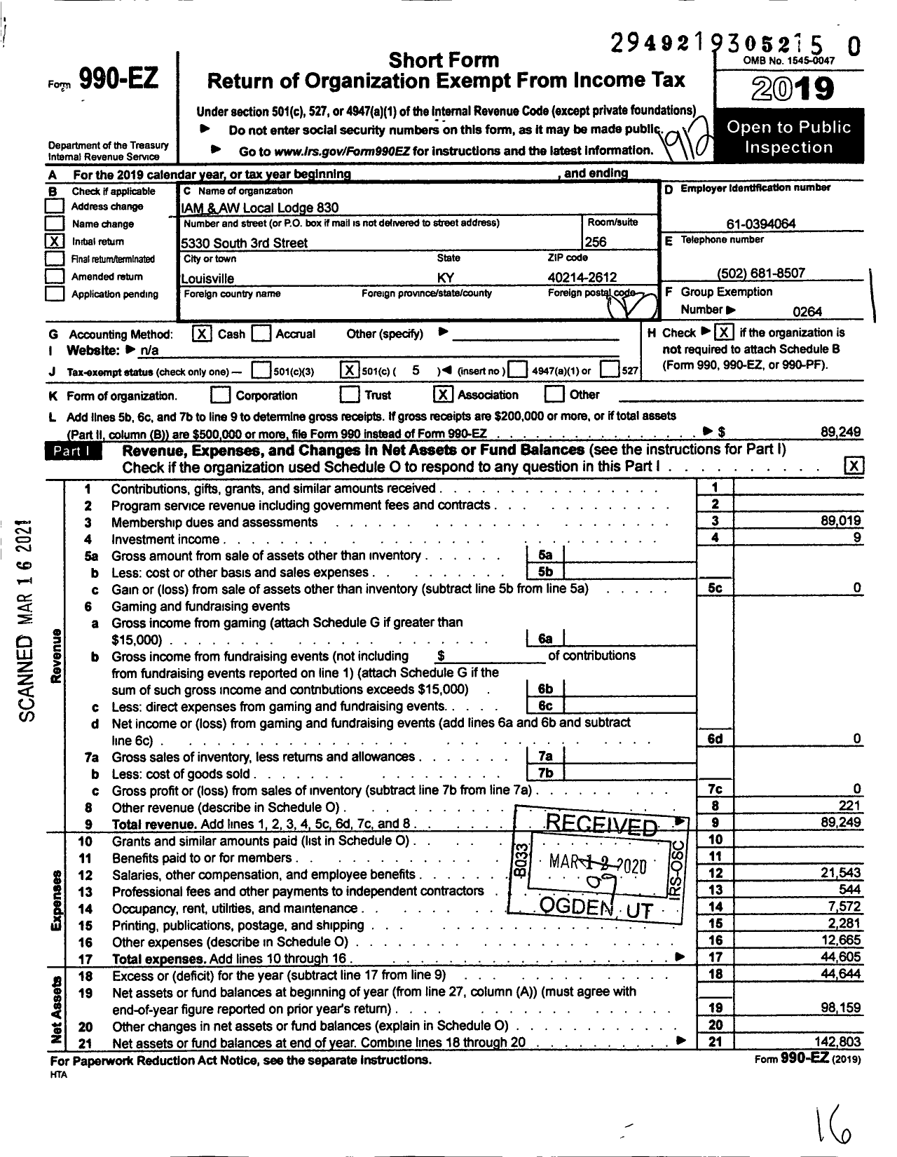 Image of first page of 2019 Form 990EO for International Association of Machinists and Aerospace Workers - 830