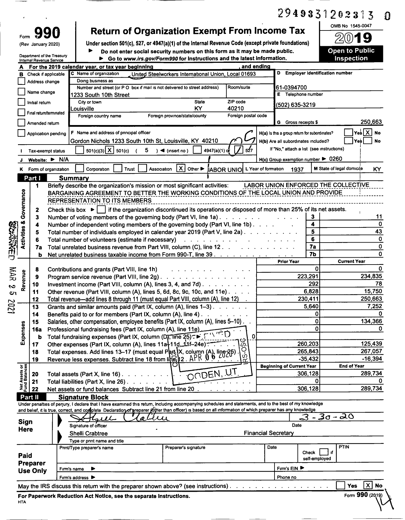 Image of first page of 2019 Form 990O for United Steelworkers - USW Local 01693