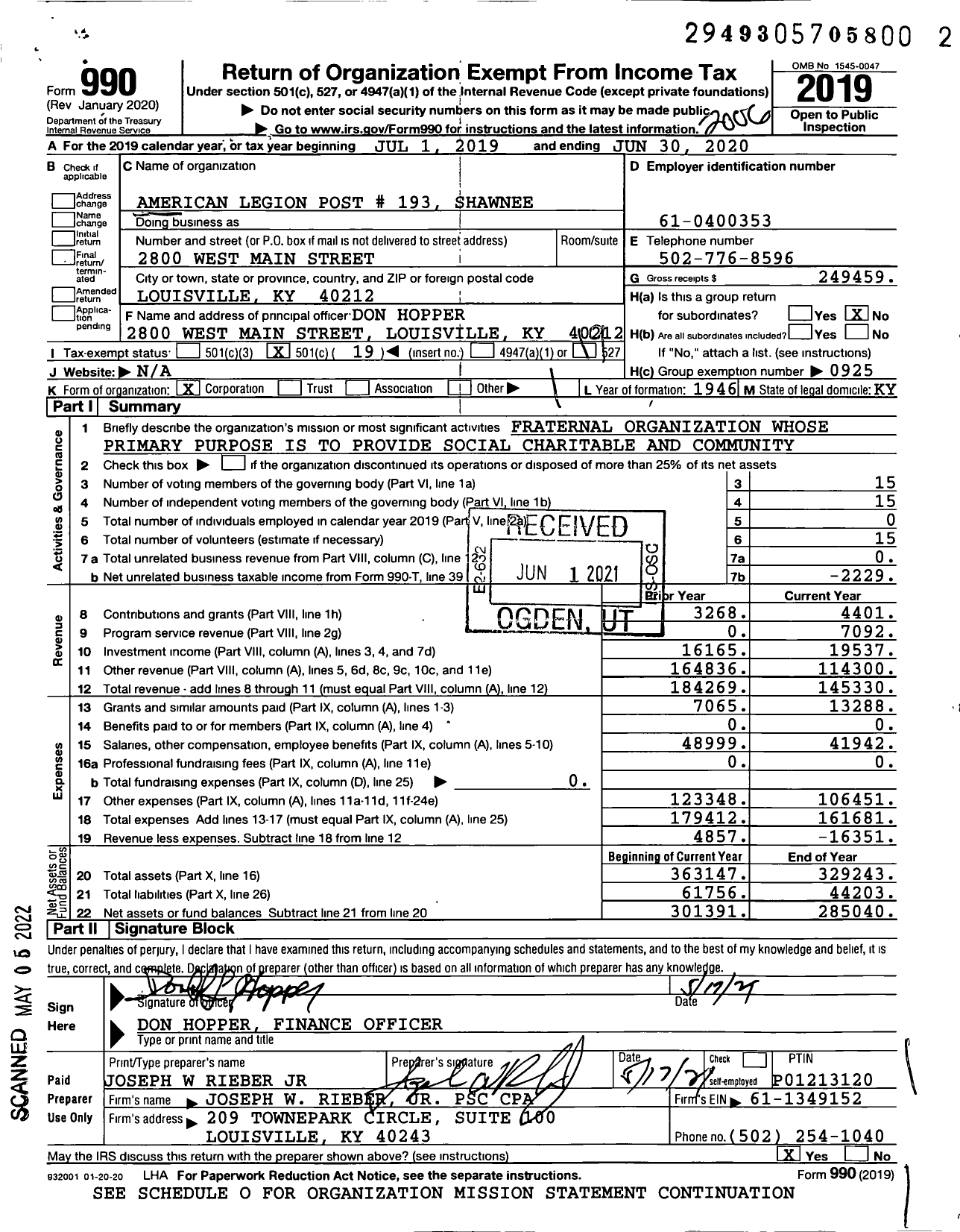 Image of first page of 2019 Form 990O for American Legion - 0193 Shawnee