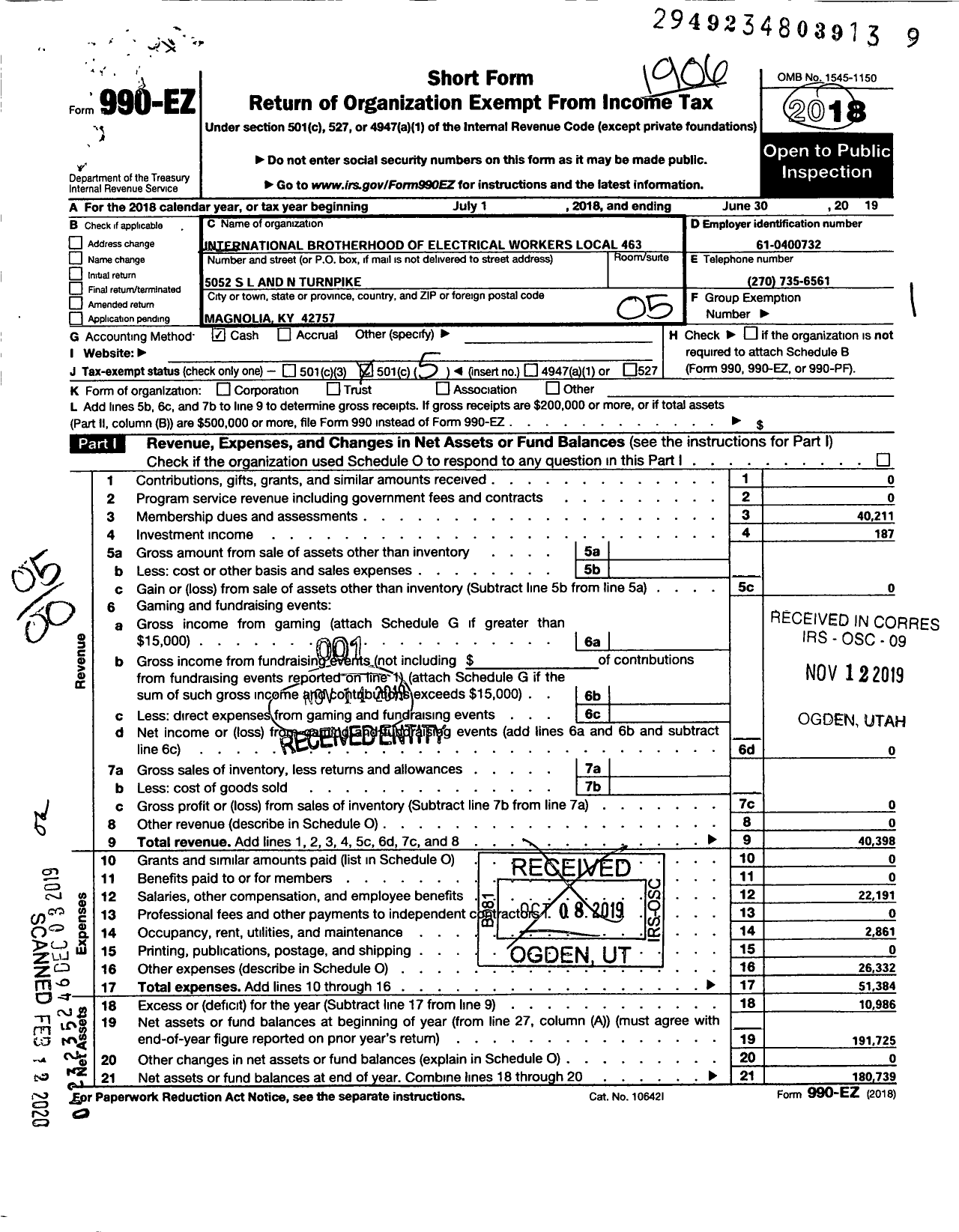 Image of first page of 2018 Form 990EO for International Brotherhood of Electrical Workers - 463 Local Union