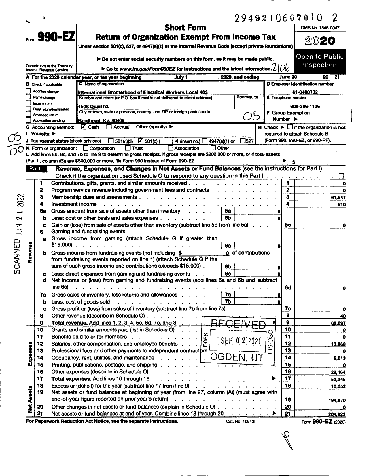 Image of first page of 2020 Form 990EO for International Brotherhood of Electrical Workers - 463 Local Union