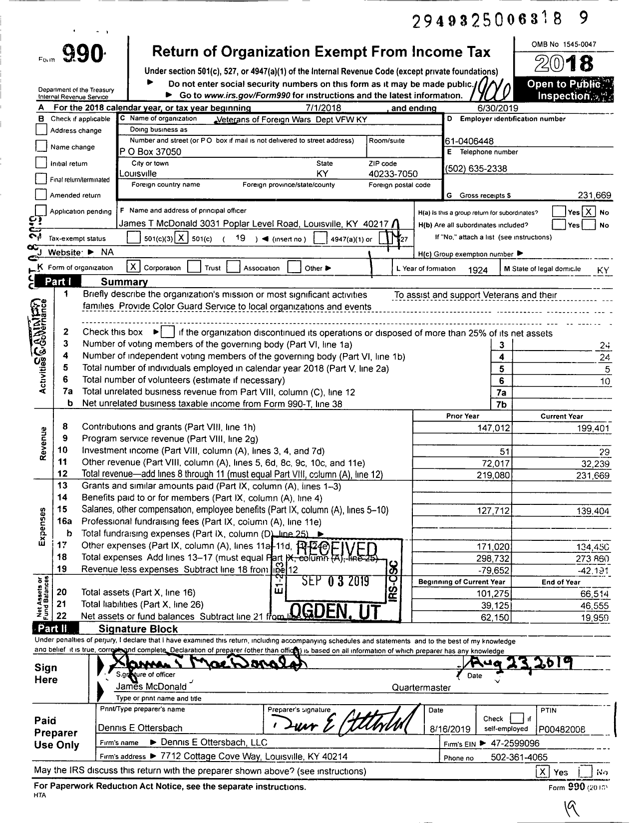 Image of first page of 2018 Form 990O for Veterans of Foreign Wars Dept VFW KY