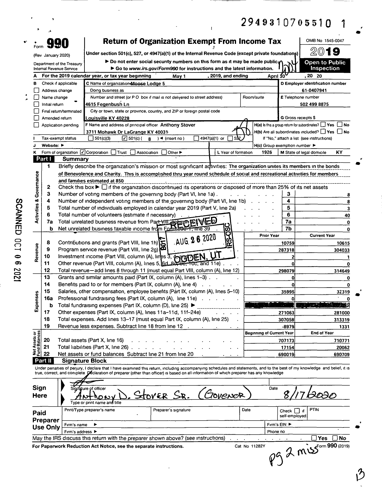 Image of first page of 2019 Form 990O for Loyal Order of Moose - 5