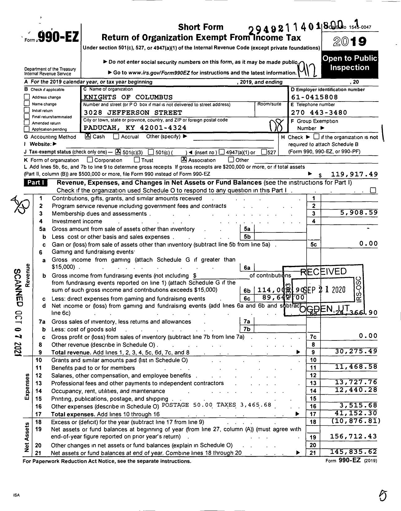 Image of first page of 2019 Form 990EO for Knights of Columbus - 1055 Holy Rosary Council