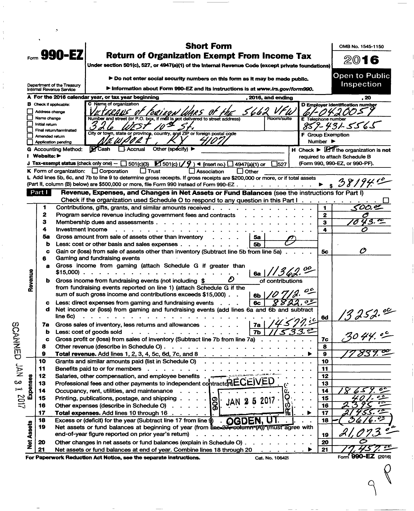 Image of first page of 2016 Form 990EO for Veterans of Foreign Wars Dept of Kentucky - 5662 Post