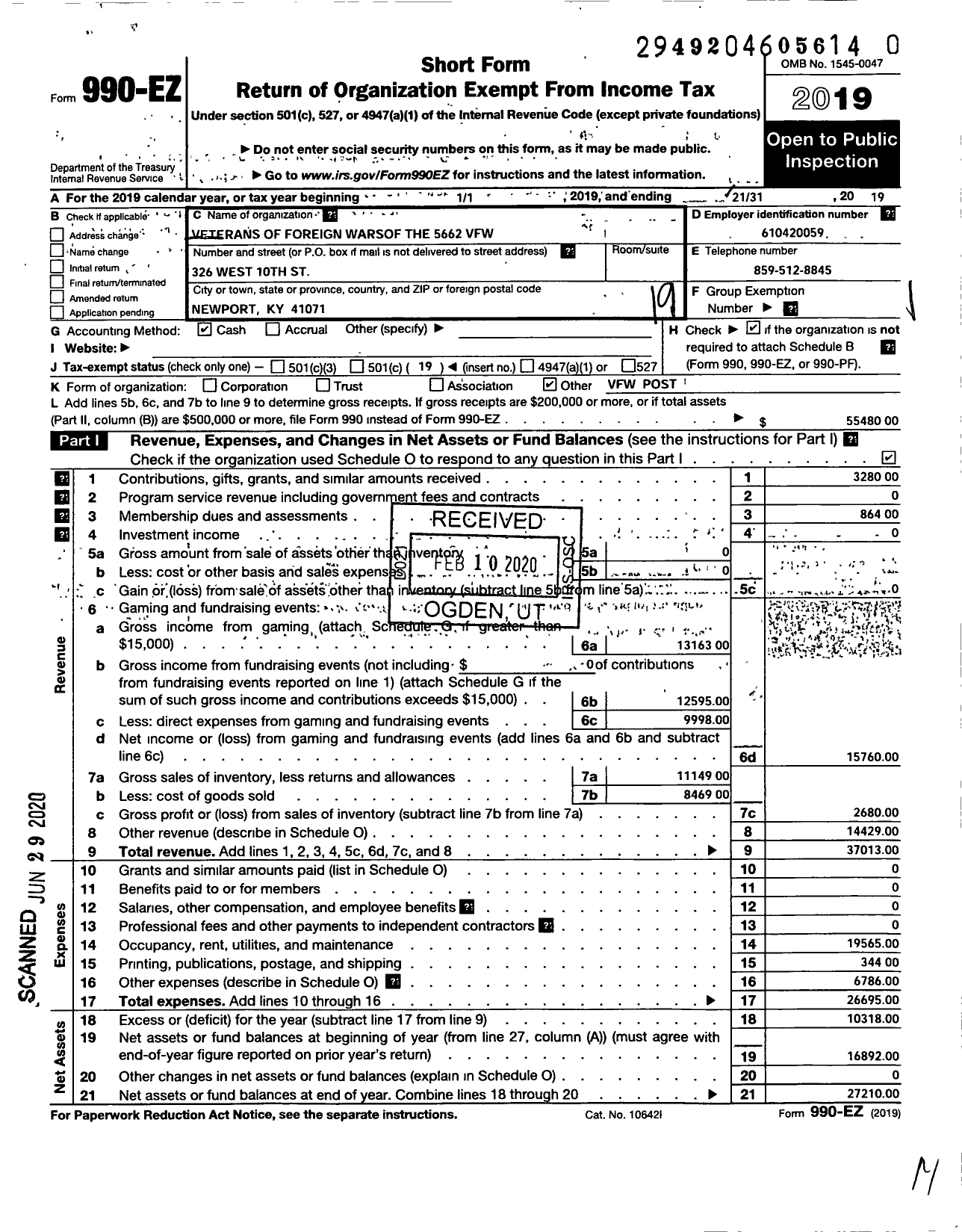 Image of first page of 2019 Form 990EO for Veterans of Foreign Wars Dept of Kentucky - 5662 Post