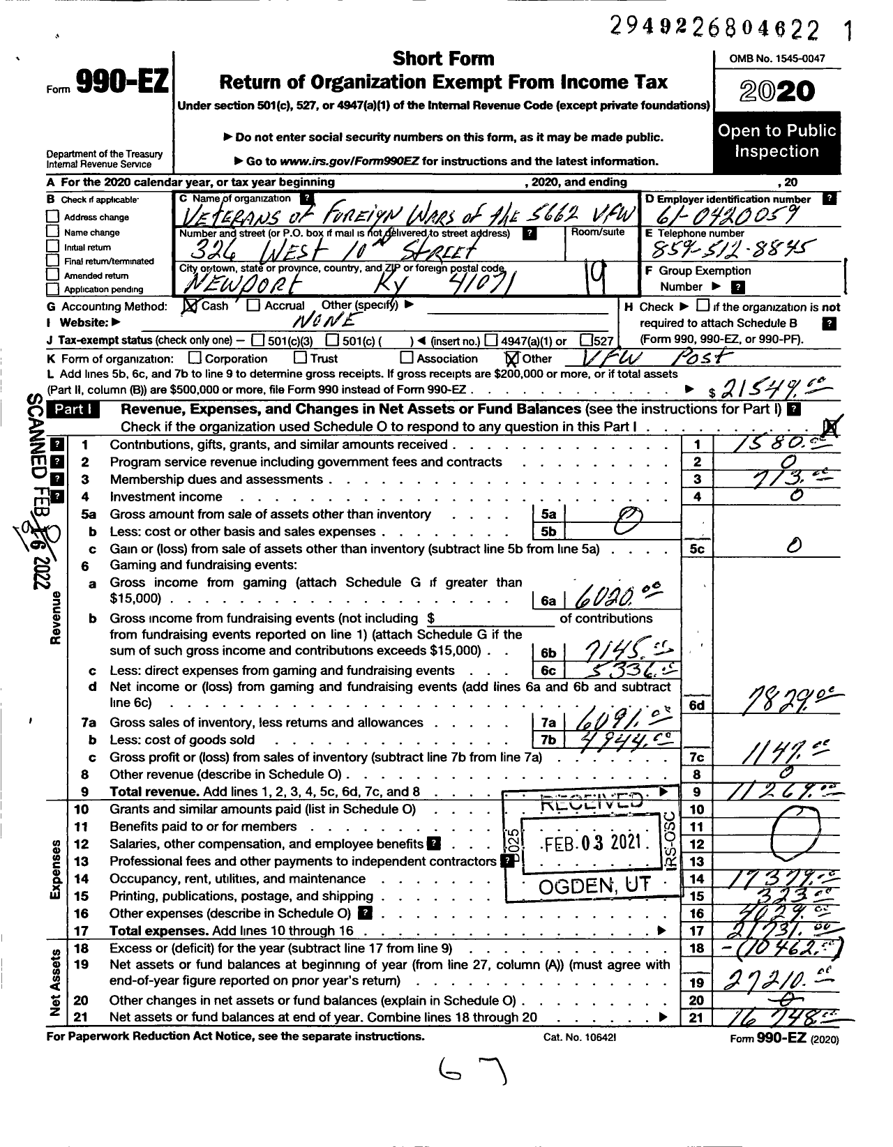 Image of first page of 2020 Form 990EO for Veterans of Foreign Wars Dept of Kentucky - 5662 Post