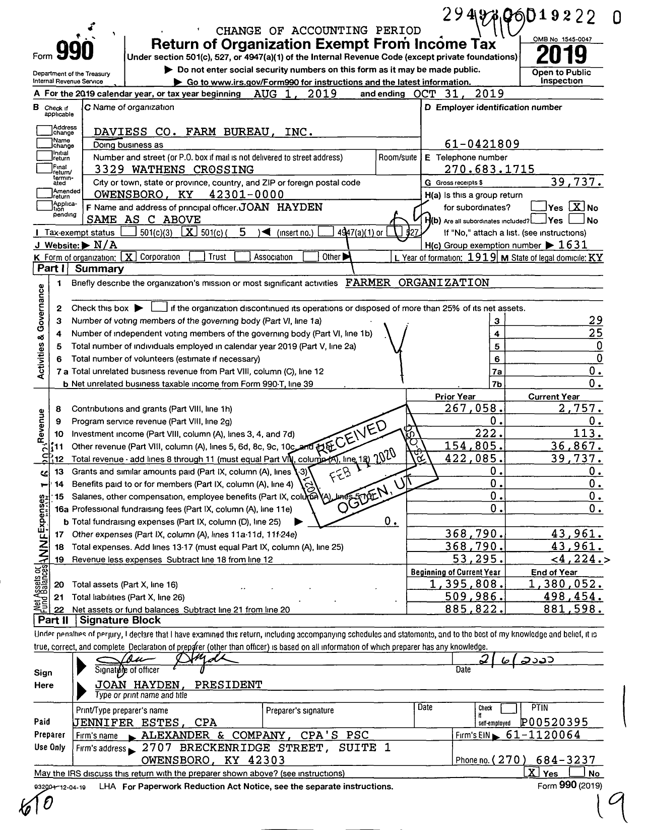 Image of first page of 2018 Form 990O for Kentucky Farm Bureau Federation - Daviess County Farm Bureau