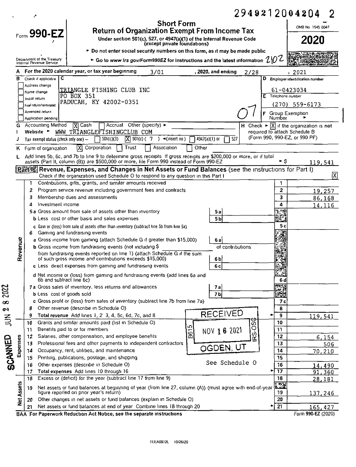 Image of first page of 2020 Form 990EO for Triangle Fishing Club