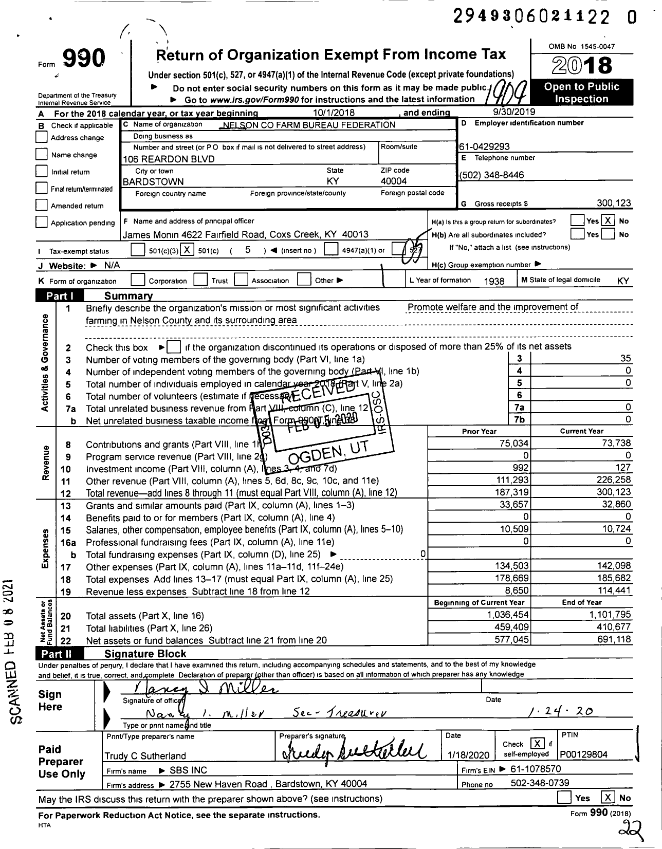 Image of first page of 2018 Form 990O for Kentucky Farm Bureau Federation - Nelson County Farm Bureau