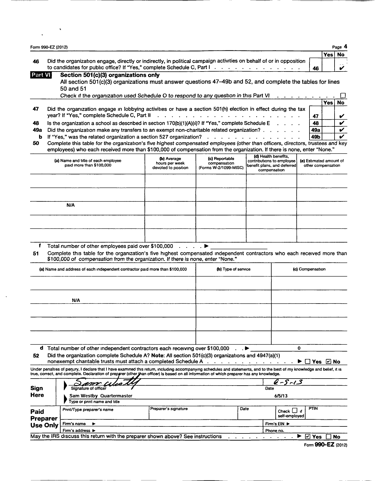 Image of first page of 2012 Form 990EO for Veterans of Foreign Wars Dept of Kentucky - 5480 Bailey Pride JR Post