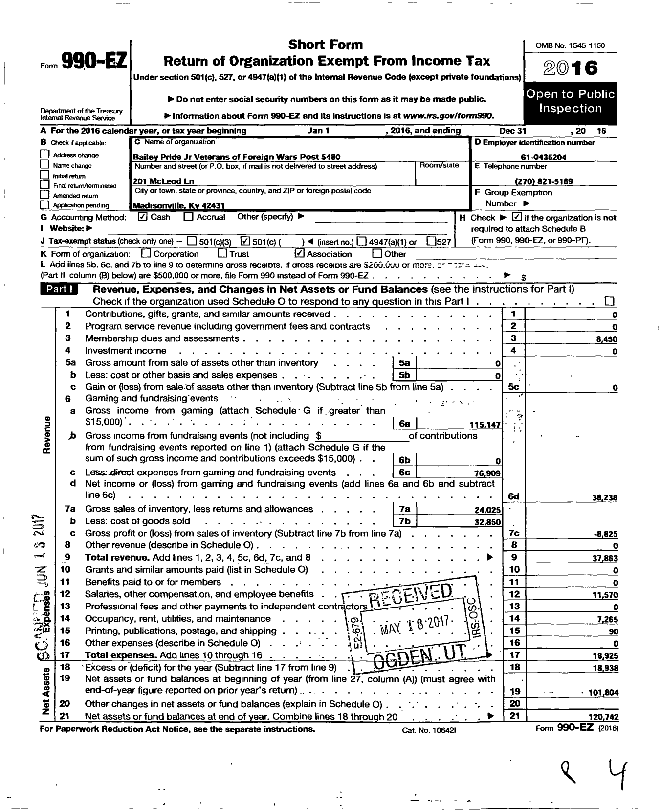 Image of first page of 2016 Form 990EO for Veterans of Foreign Wars Dept of Kentucky - 5480 Bailey Pride JR Post