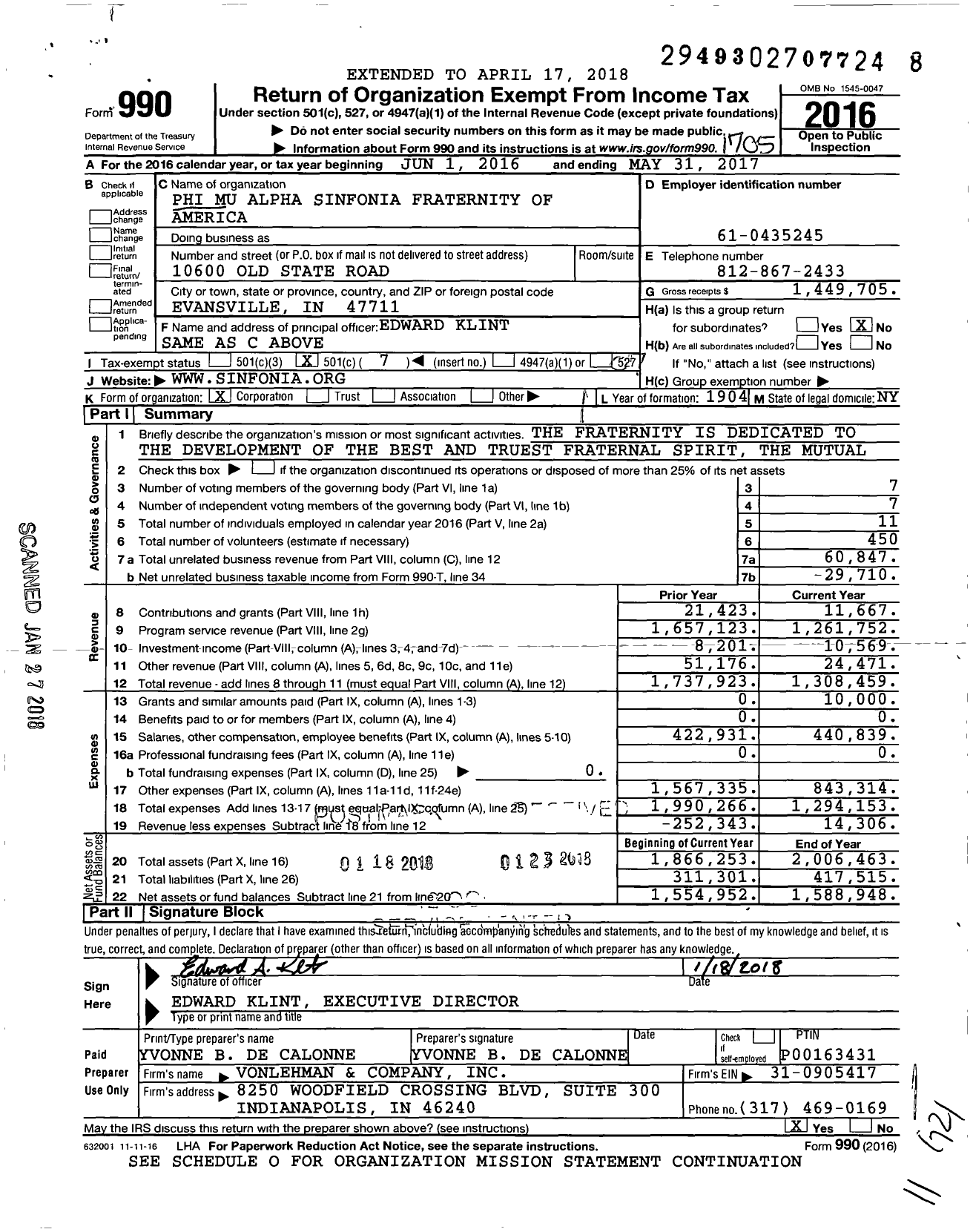 Image of first page of 2016 Form 990O for Phi Mu Alpha Sinfonia Fraternity of America