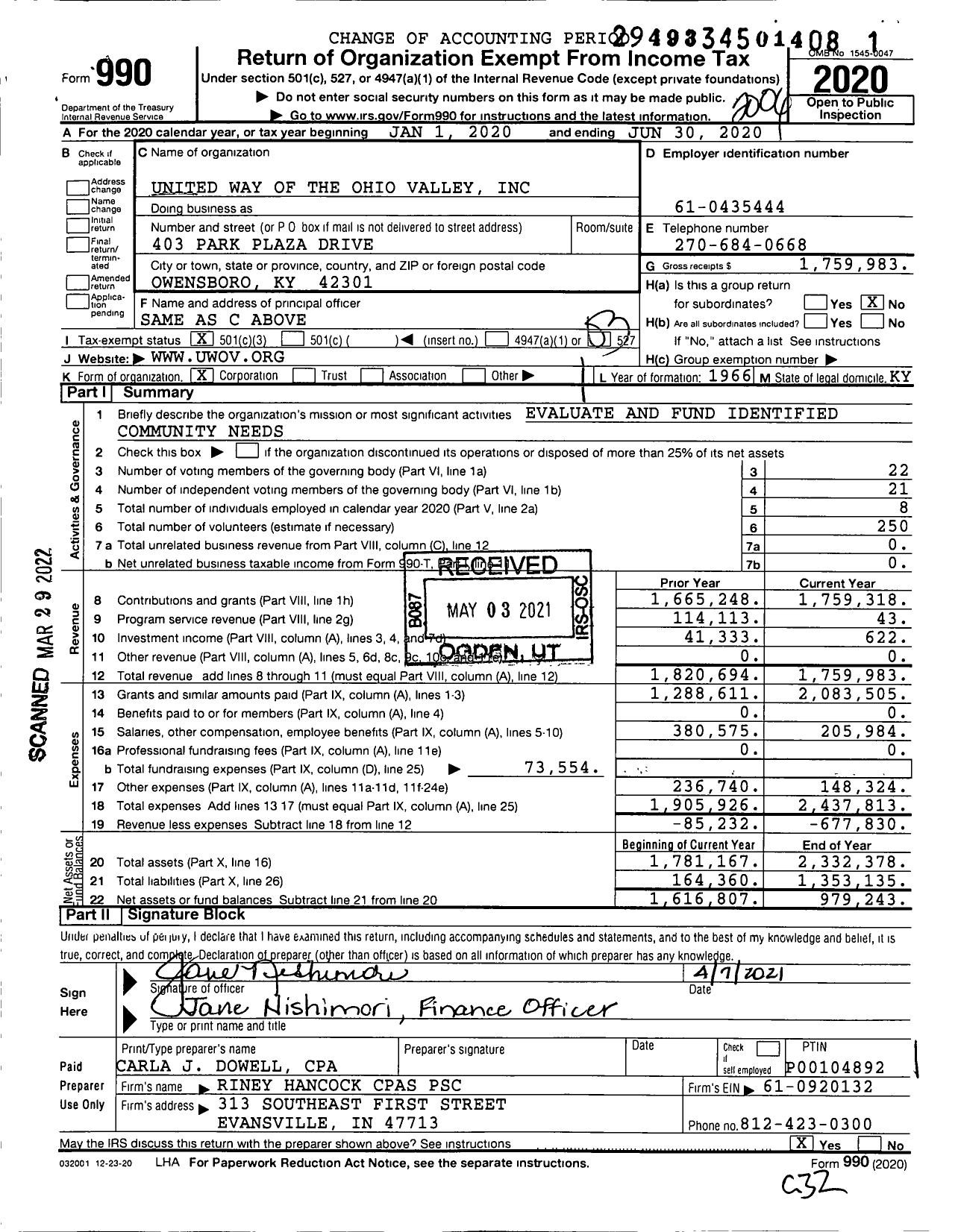 Image of first page of 2019 Form 990 for United Way of the Ohio Valley