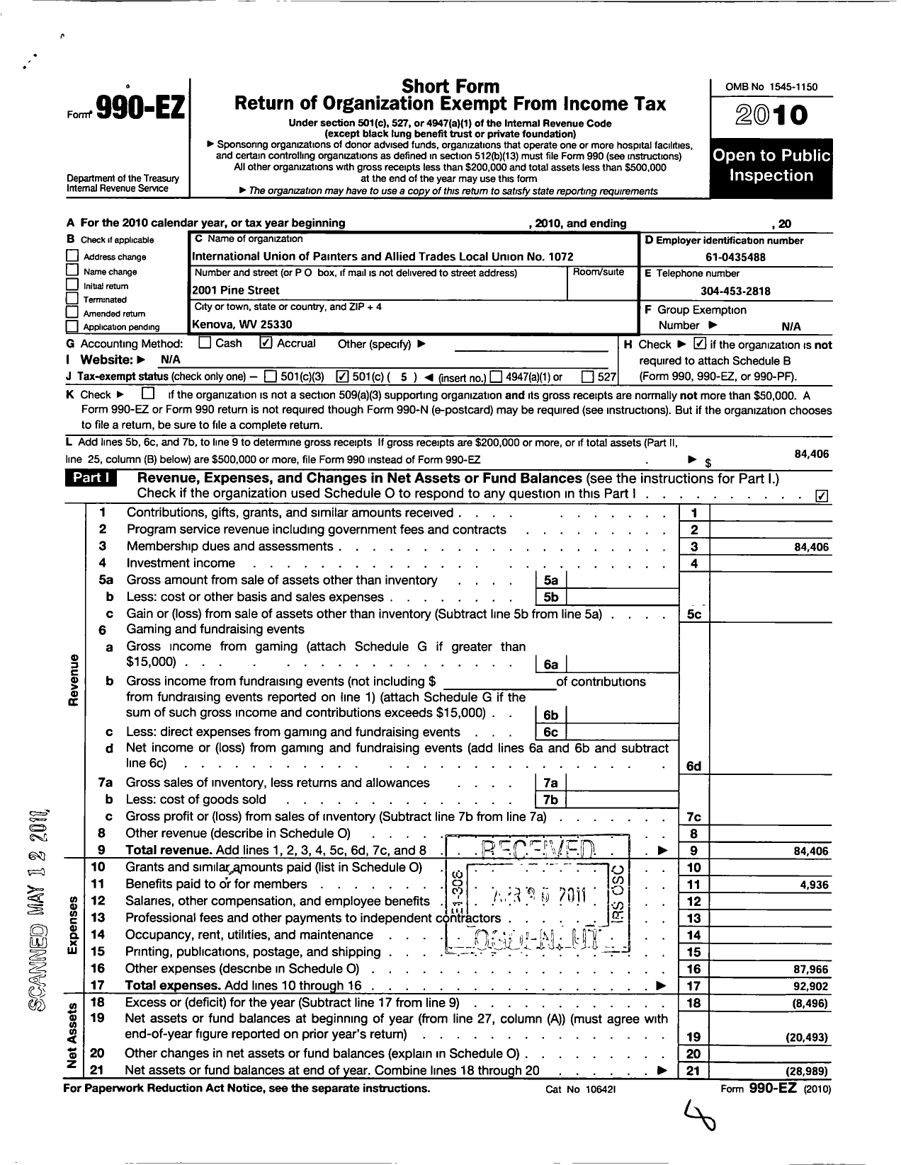 Image of first page of 2010 Form 990EO for International Union of Painters and Allied Trades - 1072 Painters Local Union