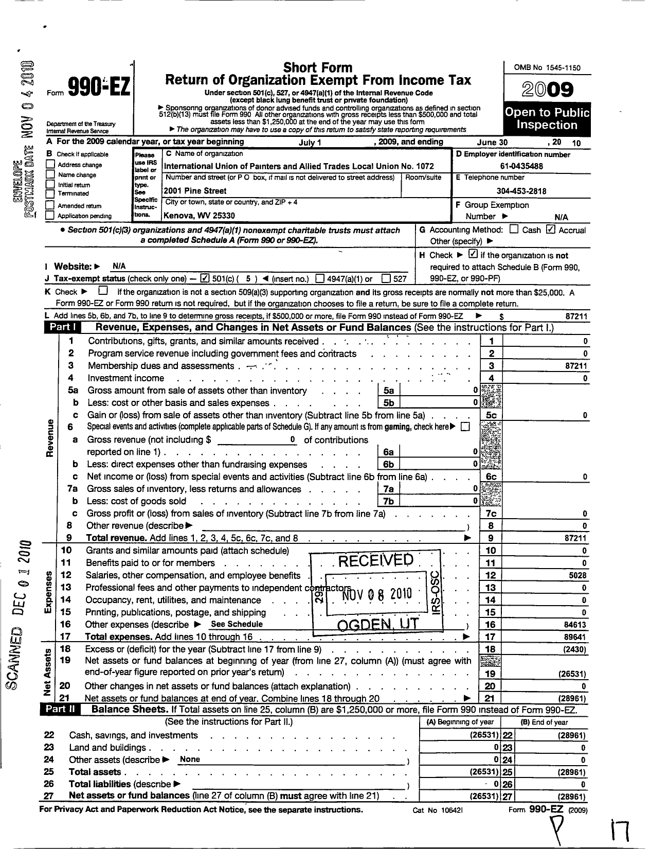 Image of first page of 2009 Form 990EO for International Union of Painters and Allied Trades - 1072 Painters Local Union