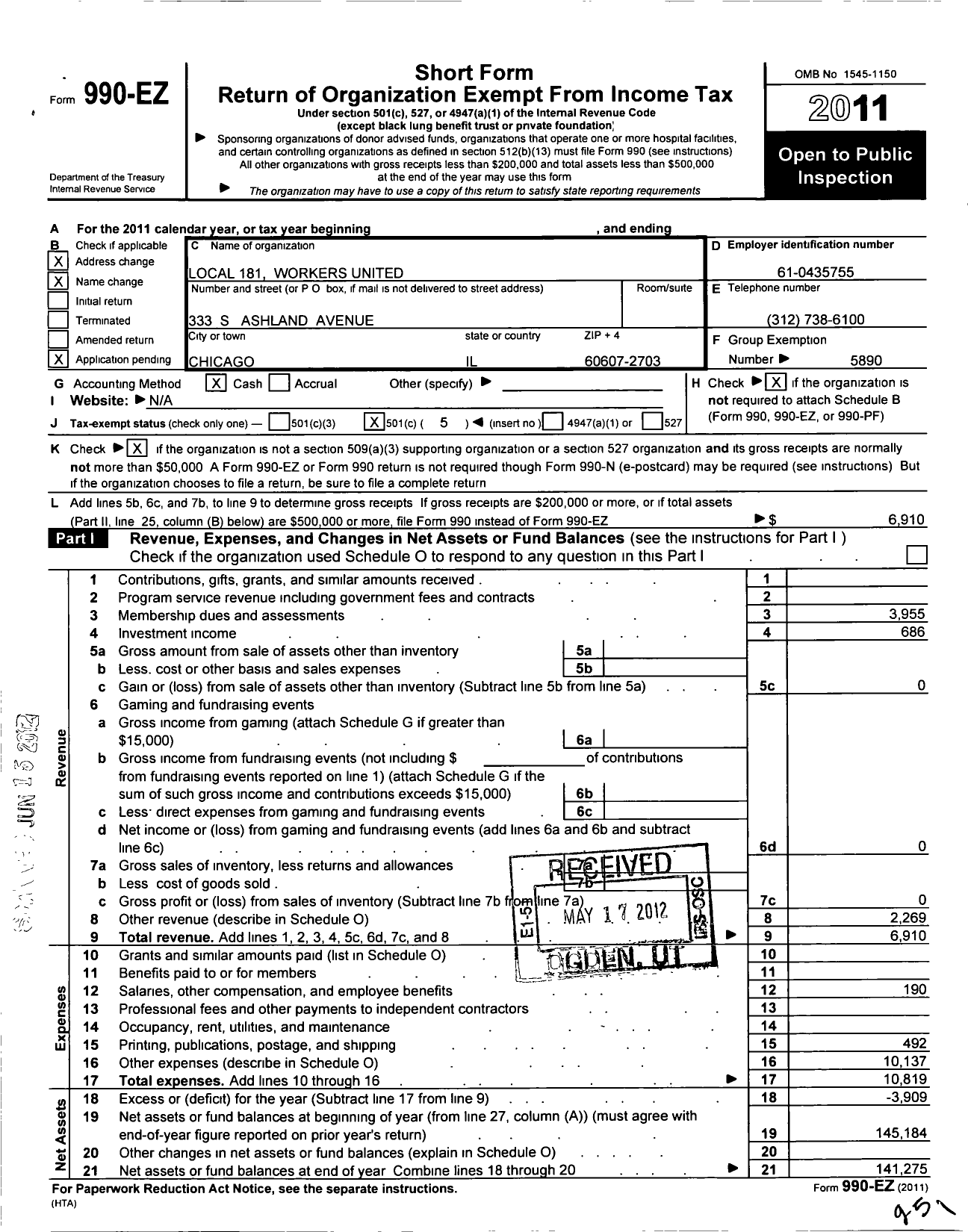 Image of first page of 2011 Form 990EO for Workers United - 181 Local Louisville Ky