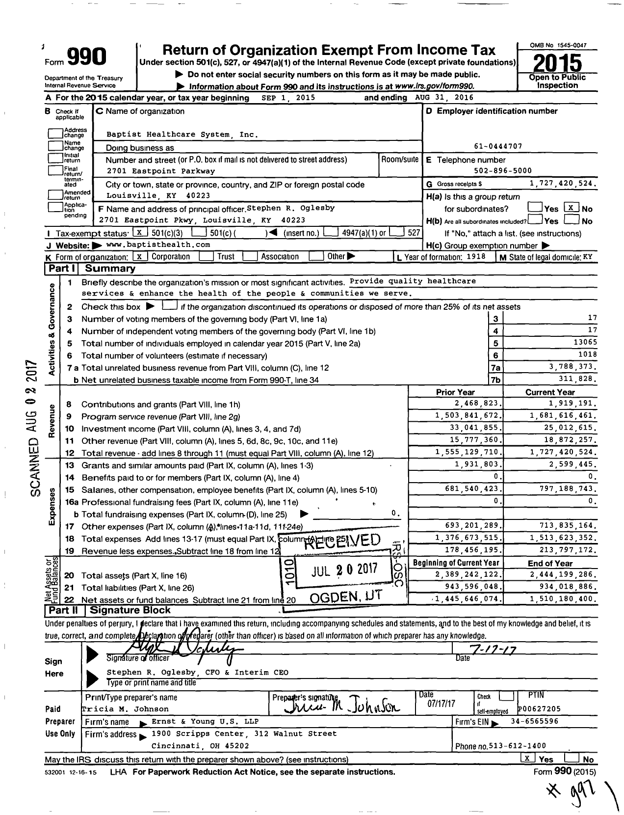 Image of first page of 2015 Form 990 for Baptist Healthcare System