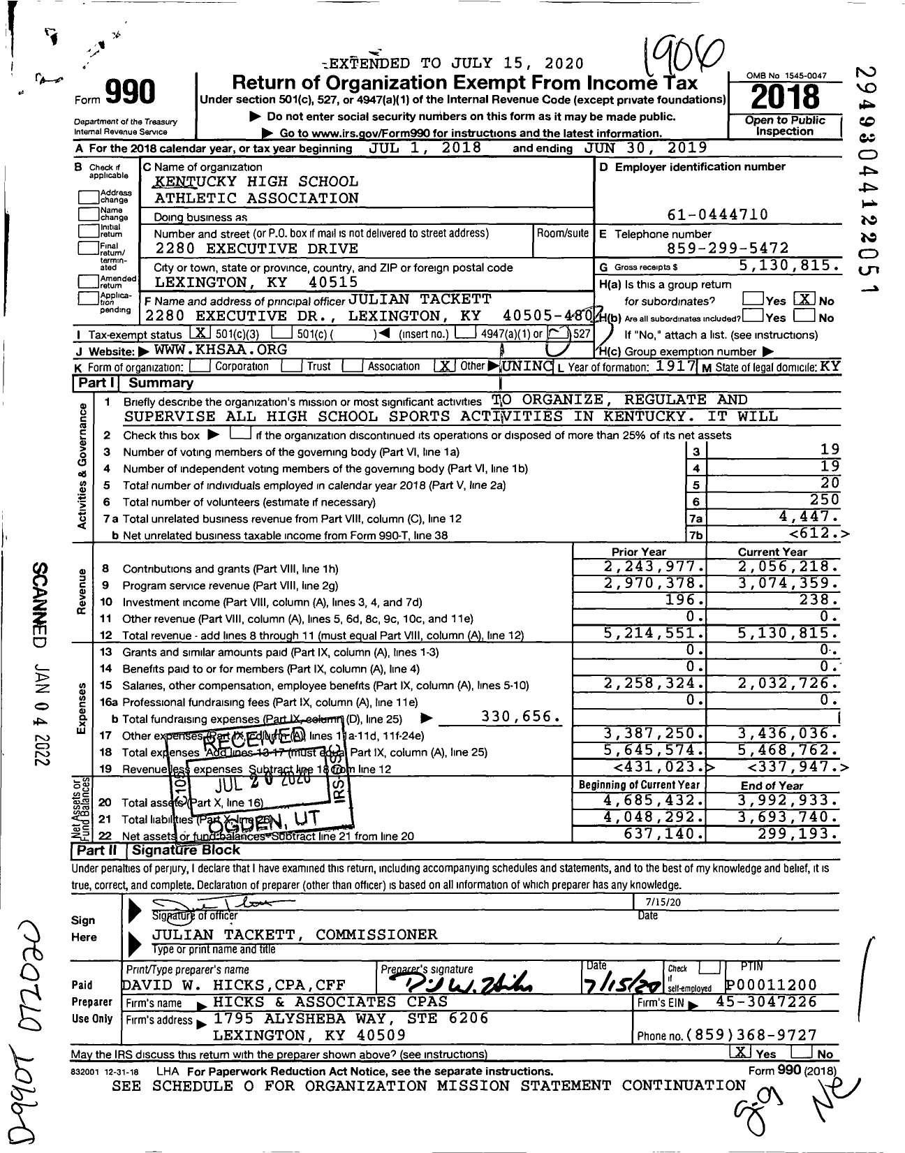 Image of first page of 2018 Form 990 for Kentucky High School Athletic Association