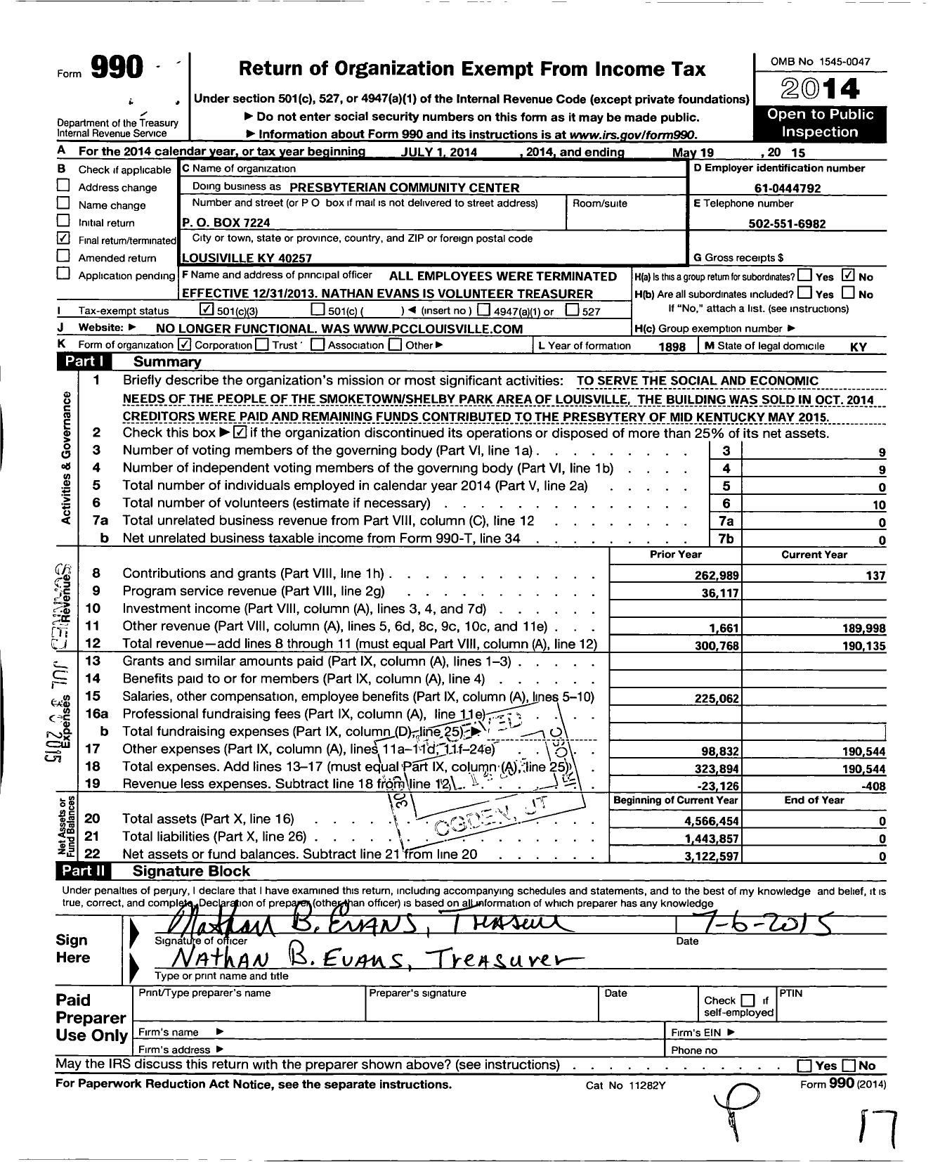 Image of first page of 2014 Form 990 for Presbyterian Community Center