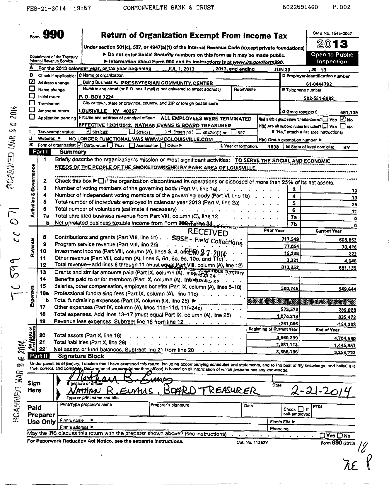 Image of first page of 2012 Form 990 for Presbyterian Community Center