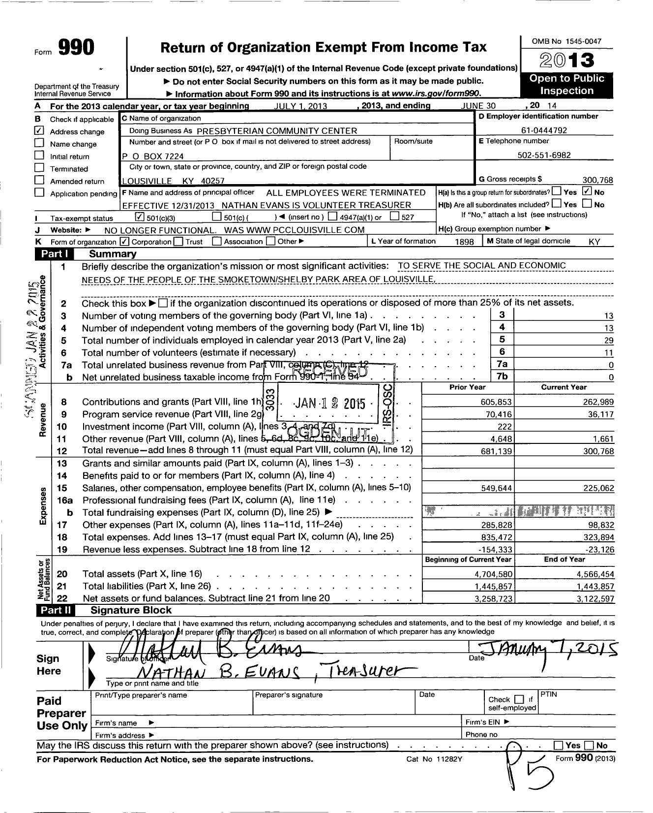 Image of first page of 2013 Form 990 for Presbyterian Community Center